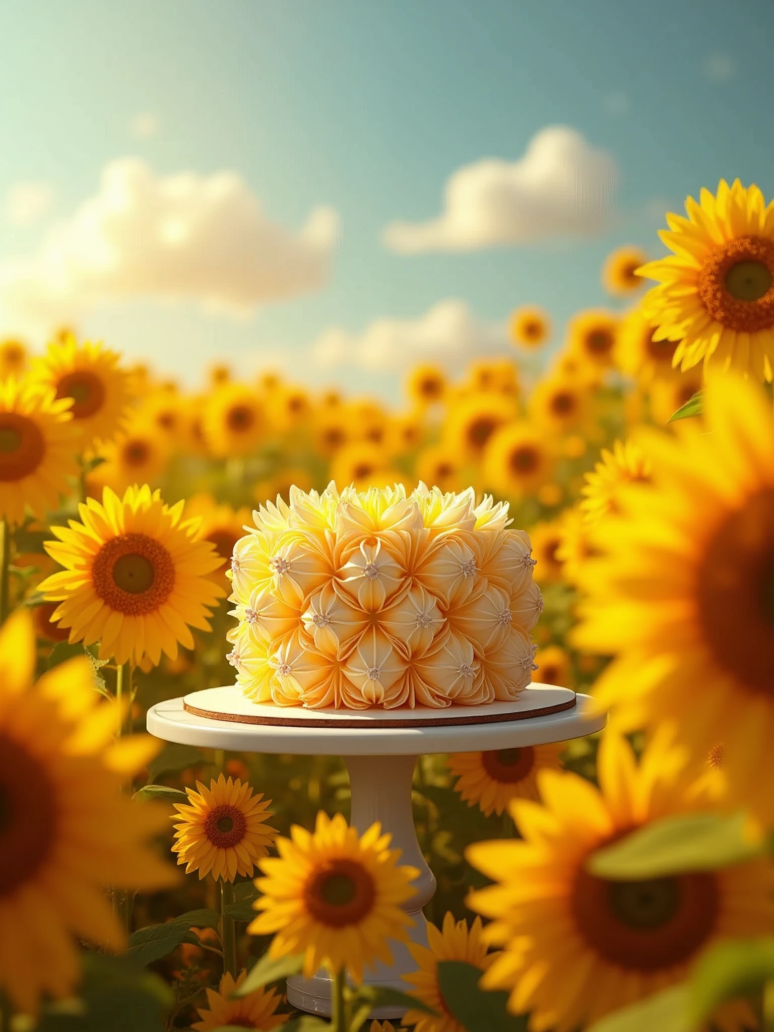 I am a product photographer. The scene I captured is a vast sunflower field as the background, resembling a painting by Van Gogh, with a warm yellow tone. In the middle of the scene, there is a cake shaped like a flower. The sunlight is shining on the ground, and there are a few white clouds in the sky. It is a product photo