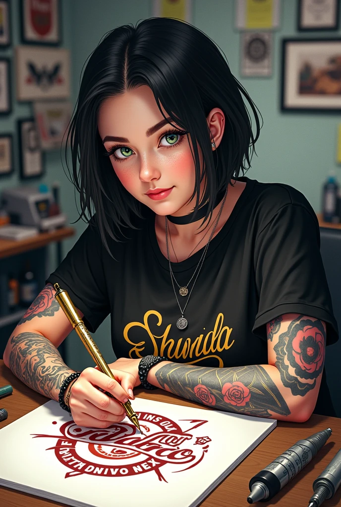 Disney Drawing Tattoo artist 40 years old with shoulder length black hair with greenish eyes with tattoos on her body wearing a black t-shirt with the words sheila art tattoo written on it & Body Piercings sitting in front of a table drawing in the tattoo studio
