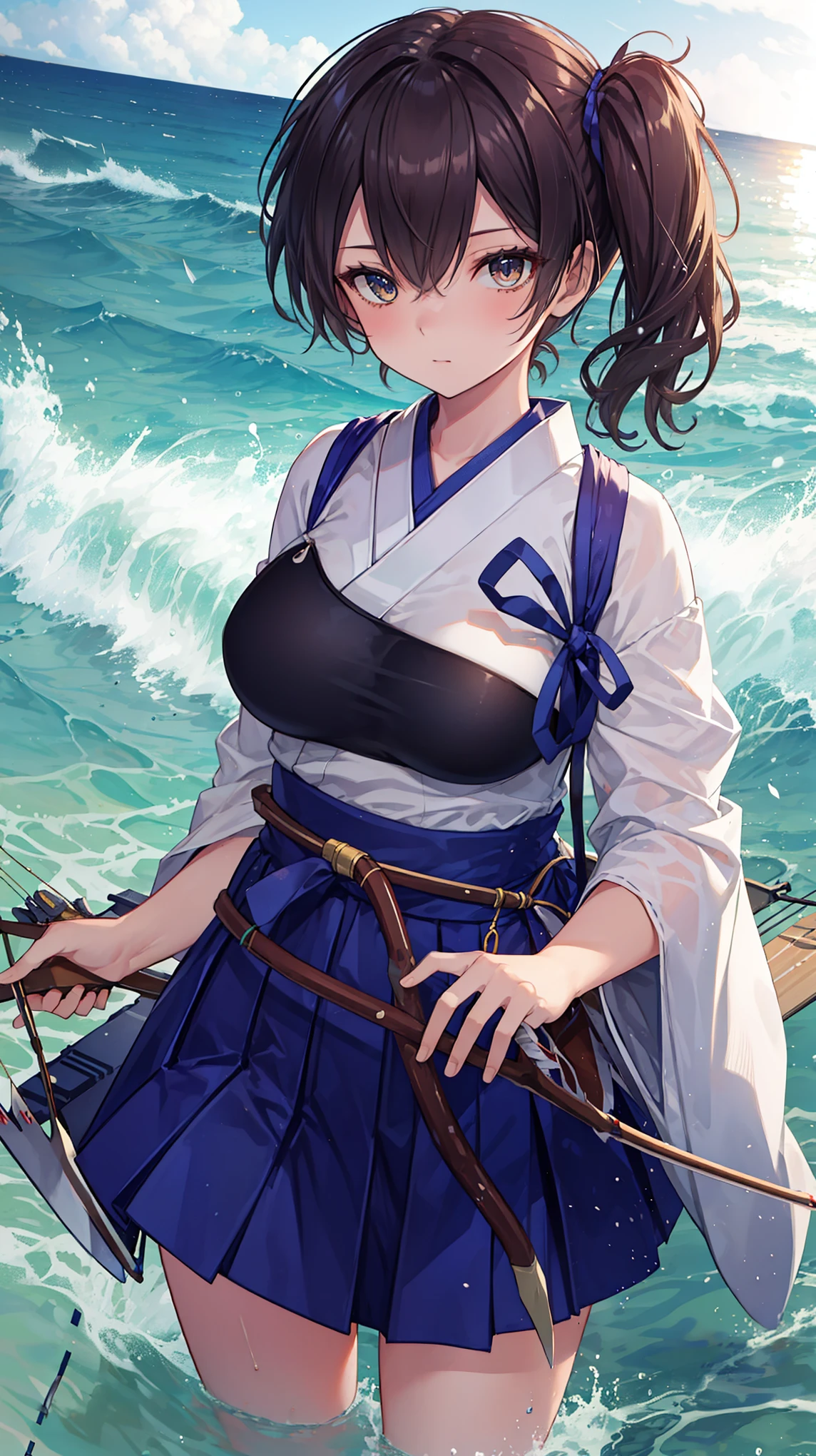 Kaga(Fleet Collection),highest quality, masterpiece, High resolution,kimono,blue skirt,side ponytail,big_breasts,solo,Japanese_bow&arrow,dynamic_posing,half_eyes,solo,plump,sea_landscape_background,waves