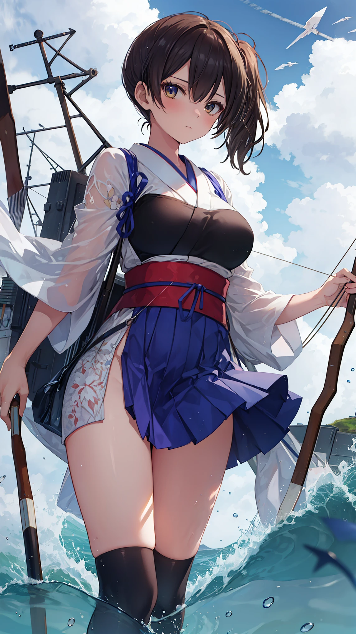 Kaga(Fleet Collection),highest quality, masterpiece, High resolution,kimono,blue skirt,side ponytail,big_breasts,solo,Japanese_bow&arrow,dynamic_posing,half_eyes,solo,plump,sea_landscape_background,waves