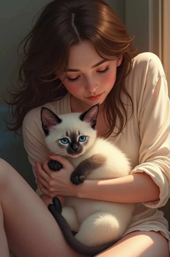 cute siamese kitten on the lap of her owner with long brown hair 