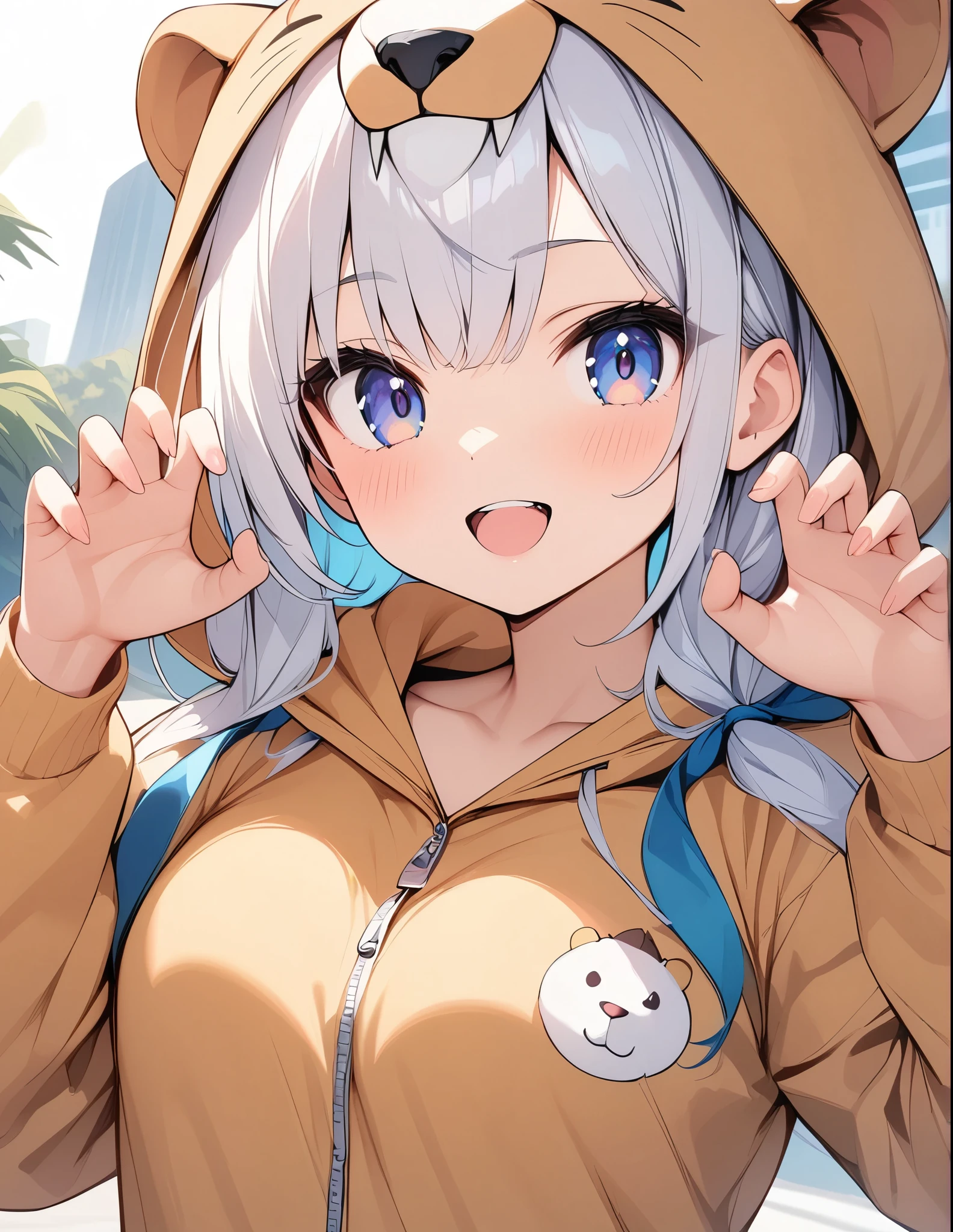 ((Amazingly absurd)),超High resolution, Attention to detail, high quality, High resolution, 最high quality, 4K, 8k, Lion Girl、cute、Beast Pose、tooth、Savannah background、((Lion costume))、cute、ライオンのぬいぐるみを抱っこする
