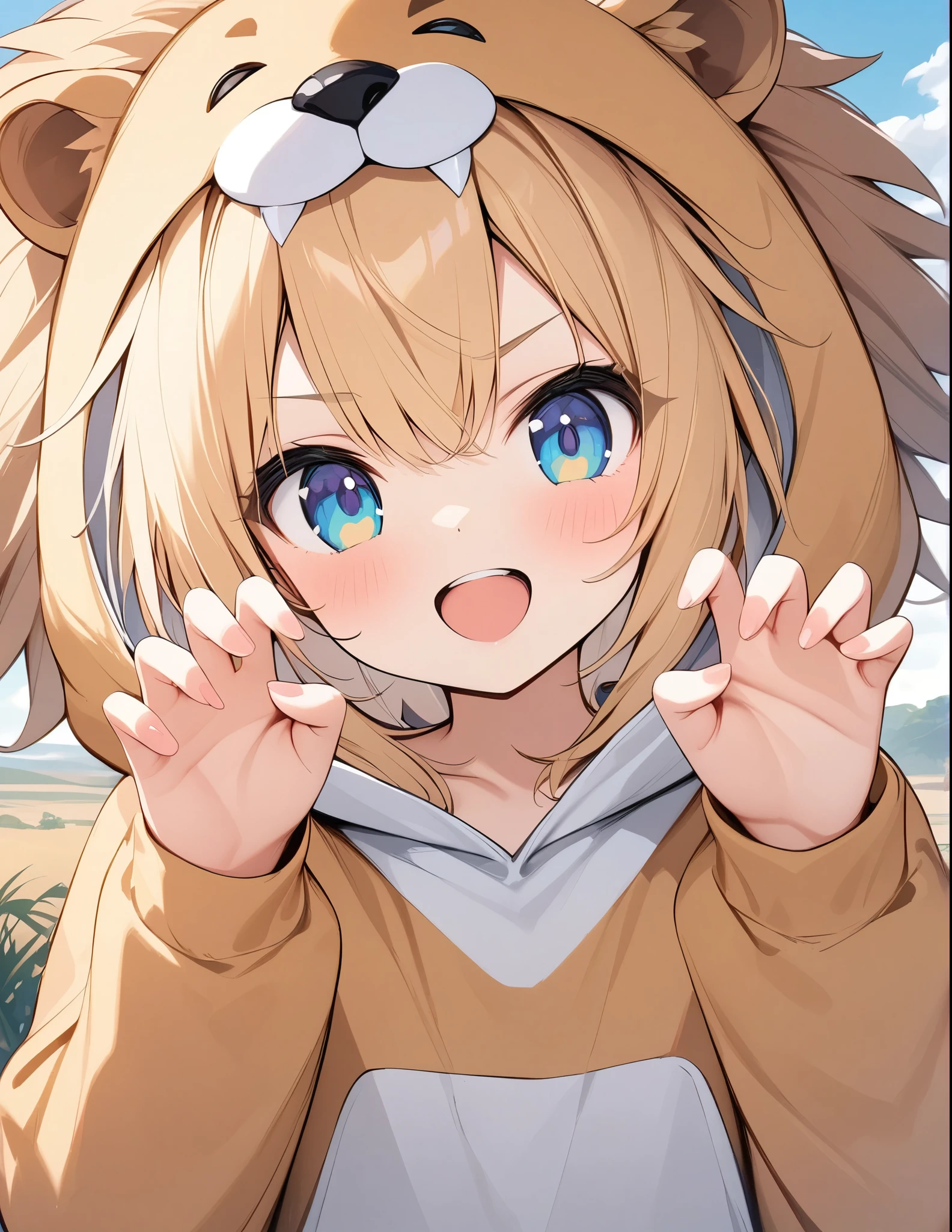 ((Amazingly absurd)),超High resolution, Attention to detail, high quality, High resolution, 最high quality, 4K, 8k, Lion Girl、cute、Beast Pose、tooth、Savannah background、((Lion costume))、cute、ライオンのぬいぐるみ