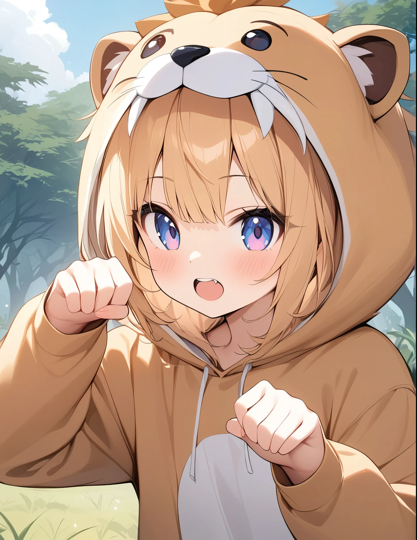 ((Amazingly absurd)),超High resolution, Attention to detail, high quality, High resolution, 最high quality, 4K, 8k, Lion Girl、cute、Beast Pose、tooth、Savannah background、((Lion costume))、cute、ライオンのぬいぐるみ