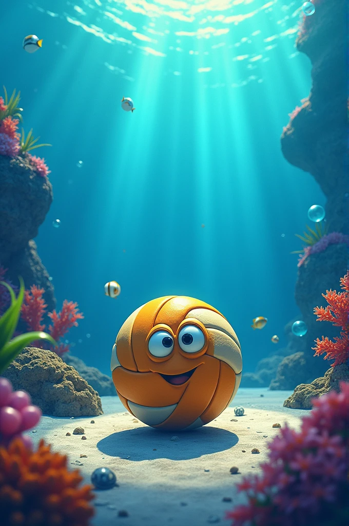 Create an image inspired by the cover of the movie Nemo, but instead of Nemo I want a volleyball, and the title of the image is "looking for volleyball"