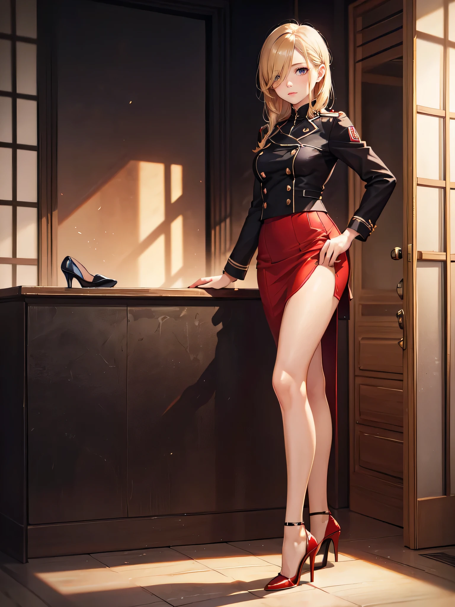 European Woman Portrait,alone,20-year-old,Beautiful Face,Upper Body,Hair on one eye,Medium Sidecut, Blonde, Sharp focus,Black and red uniform,Tight Skirt,(High heels:1.5),Highest quality,masterpiece,masterpiece、German