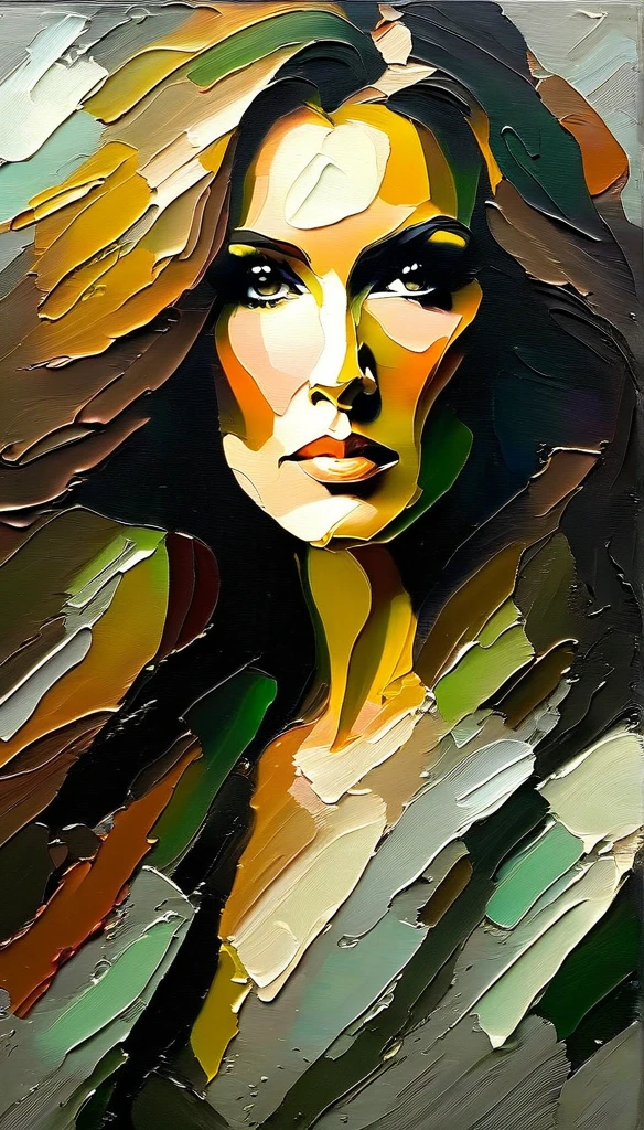 portrait Celine Dion a thick textured oil painting, impasto brushstrokes, dry brushing, revealing underlayers, abstract landscape, moody lighting, dramatic shadows, muted earthy colors, vibrant colors, highly detailed, masterpiece, Create an evocative oil painting inspired by Malcolm Liepke, based on the provided image. Capture the intense, introspective expression of the young subject using thick, expressive brushstrokes and a muted color palette. a thick textured oil painting, impasto brushstrokes, dry brushing ,revealing underlayers, RGB scale color scheme