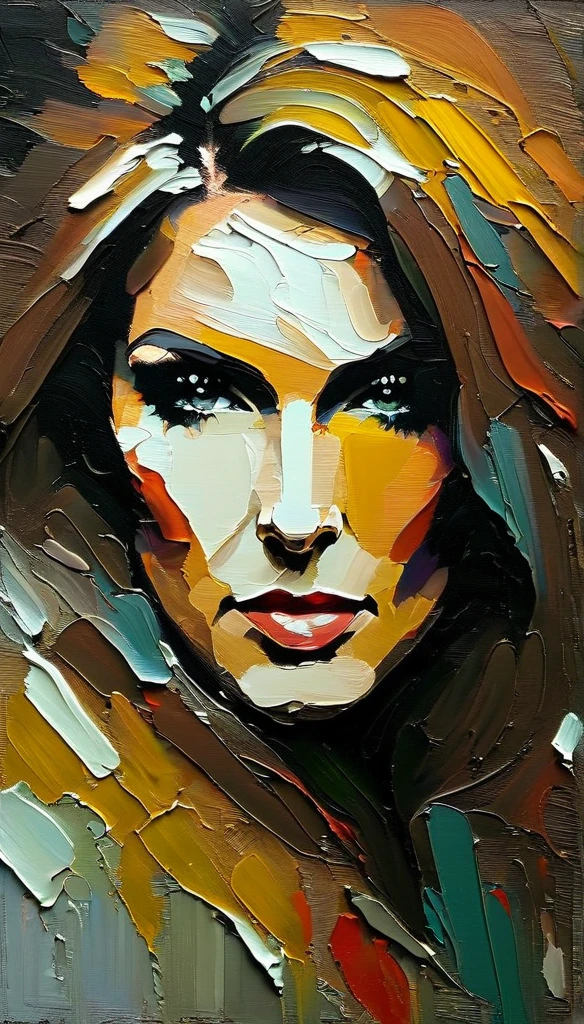 portrait Celine Dion a thick textured oil painting, impasto brushstrokes, dry brushing, revealing underlayers, abstract landscape, moody lighting, dramatic shadows, muted earthy colors, vibrant colors, highly detailed, masterpiece, Create an evocative oil painting inspired by Malcolm Liepke, based on the provided image. Capture the intense, introspective expression of the young subject using thick, expressive brushstrokes and a muted color palette. a thick textured oil painting, impasto brushstrokes, dry brushing ,revealing underlayers, RGB scale color scheme
