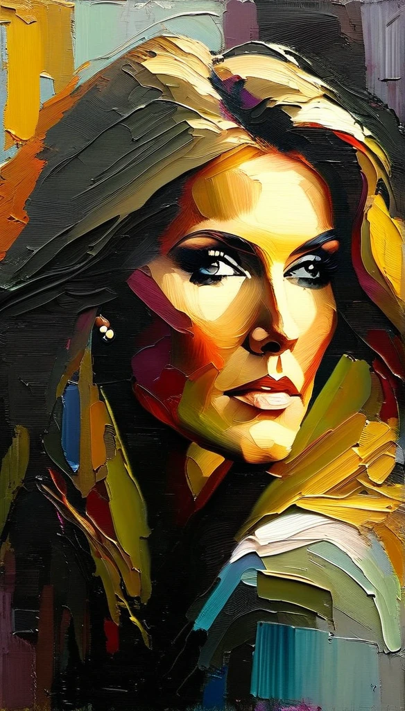 portrait Celine Dion a thick textured oil painting, impasto brushstrokes, dry brushing, revealing underlayers, abstract landscape, moody lighting, dramatic shadows, muted earthy colors, vibrant colors, highly detailed, masterpiece, Create an evocative oil painting inspired by Malcolm Liepke, based on the provided image. Capture the intense, introspective expression of the young subject using thick, expressive brushstrokes and a muted color palette. a thick textured oil painting, impasto brushstrokes, dry brushing ,revealing underlayers, RGB scale color scheme
