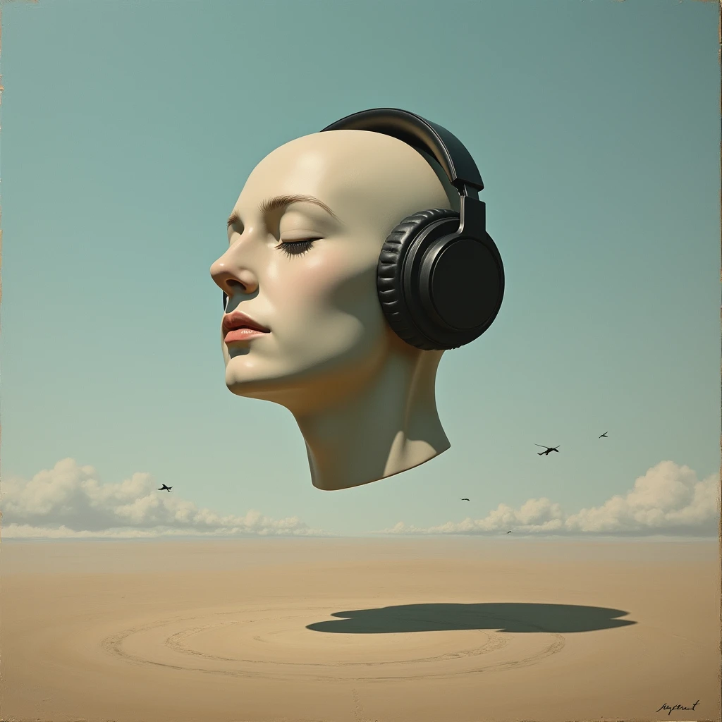 surrealistic painting in style of René Magritte depicting human head with headphones floating in air