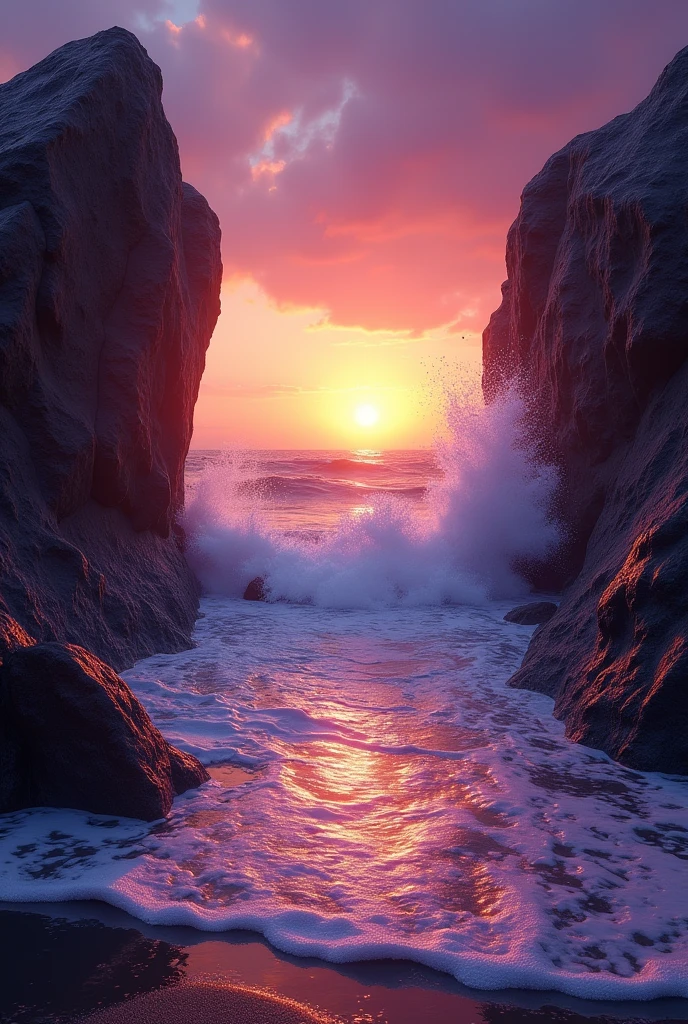 Sunset beat close up, waves touching the purple stones on beach, view from backside of stone
to sea