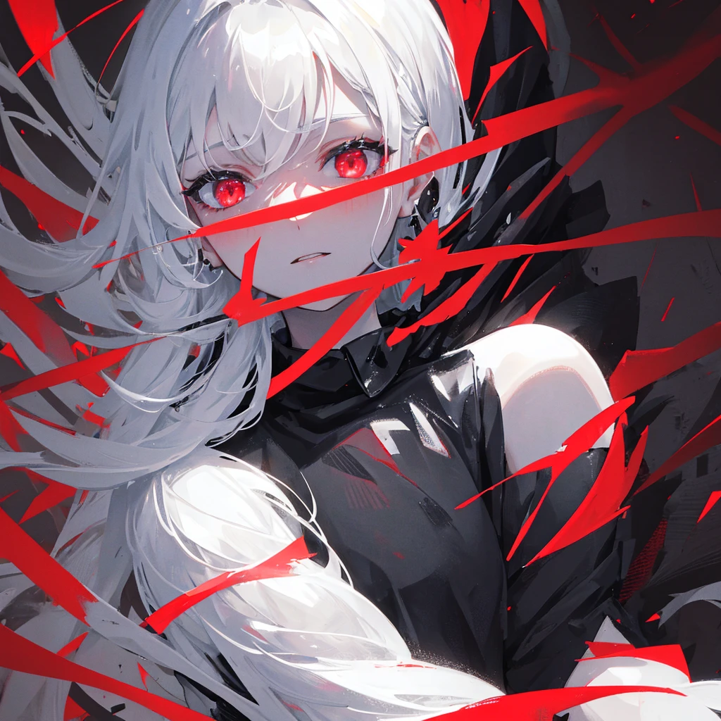 Beauty,Black straight hair,Black and White,Sexy,Ghosts,Black clothes,Red decoration,((Pure black background))