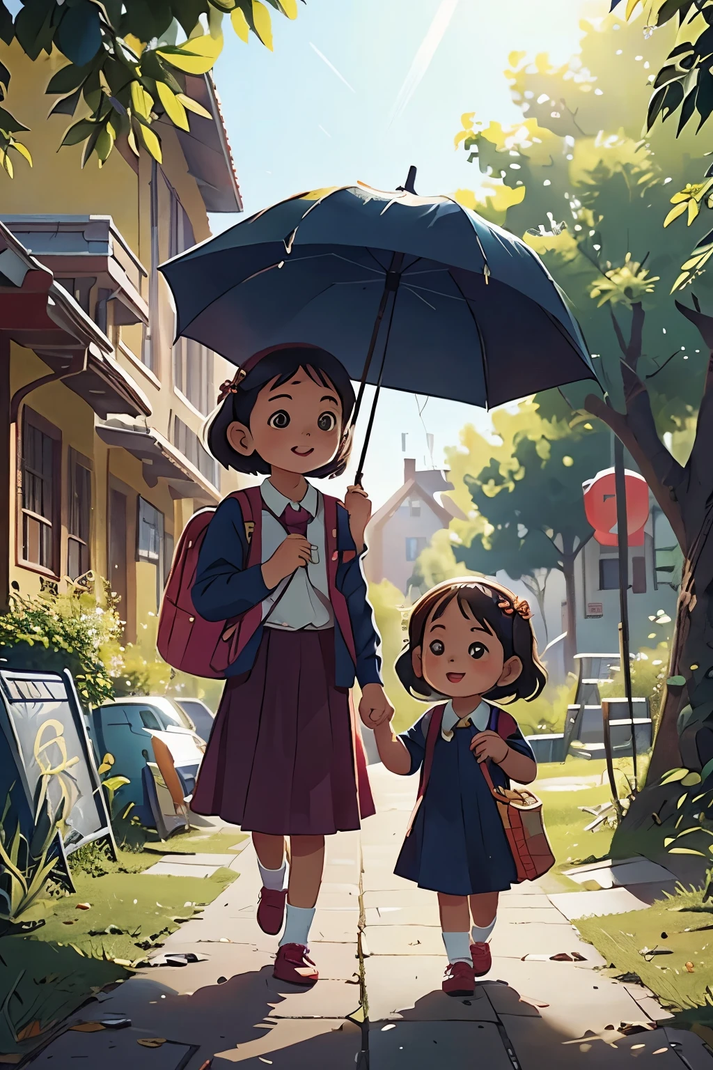 two sister walking toward home, older sister carrying school bag for litter sister, they are sharing a umbrella, sunny day, warm