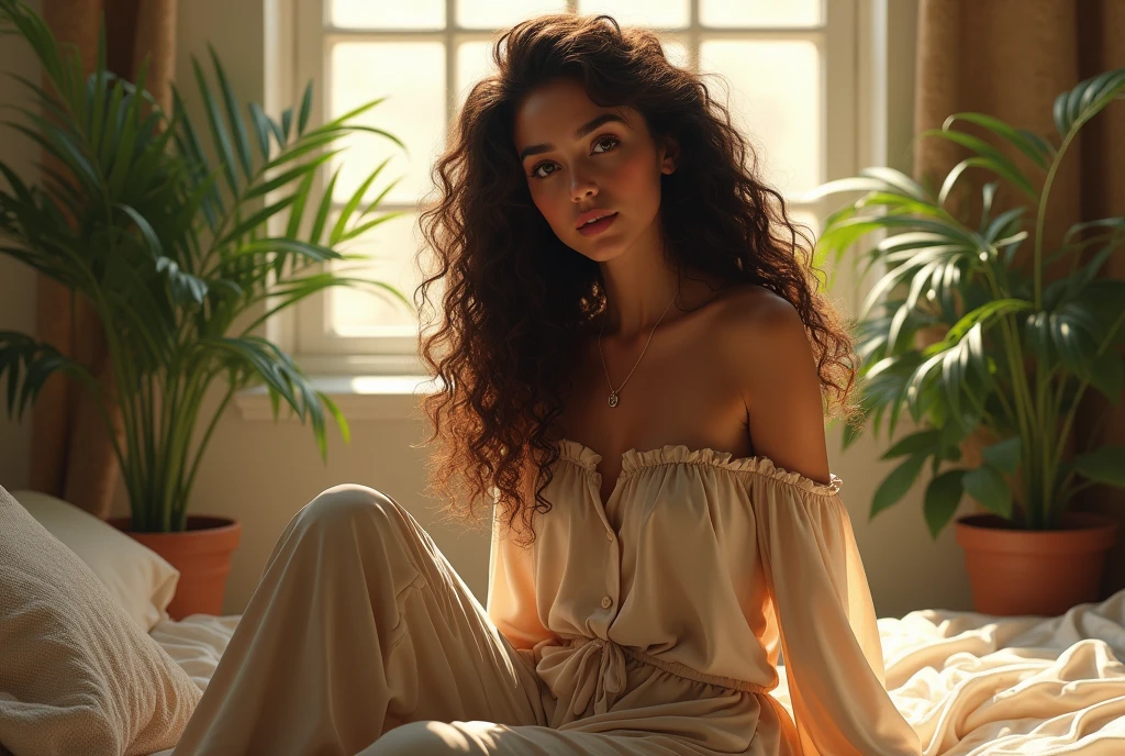 (photorealism:1.2), beautiful woman, sitting on bed, wearing loose off-shoulder top, pajama pants, long curly hair, indoors, soft lighting, plants in background, window with sunlight, cozy room, relaxed pose, realistic, intricate details, warm colors, by Greg Rutkowski, by Alphonse Mucha