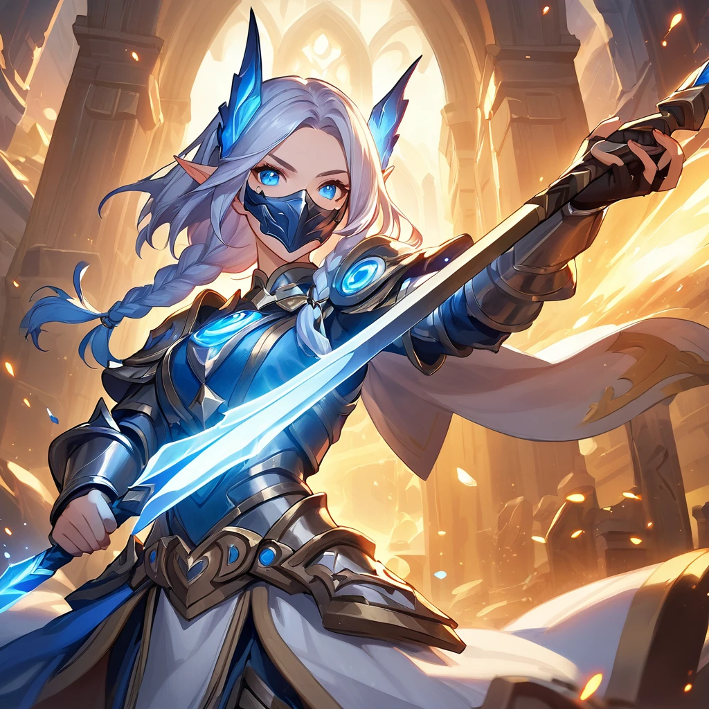 girl worrier in armor with a spear in her hand, hand lifted up in a waving gesture, elf ears, glowing blue eyes, metal face mask, long silver hair in two braids, hearthstone official splash art, fantasy hearthstone art style, fantasy paladin, arena art, warm light