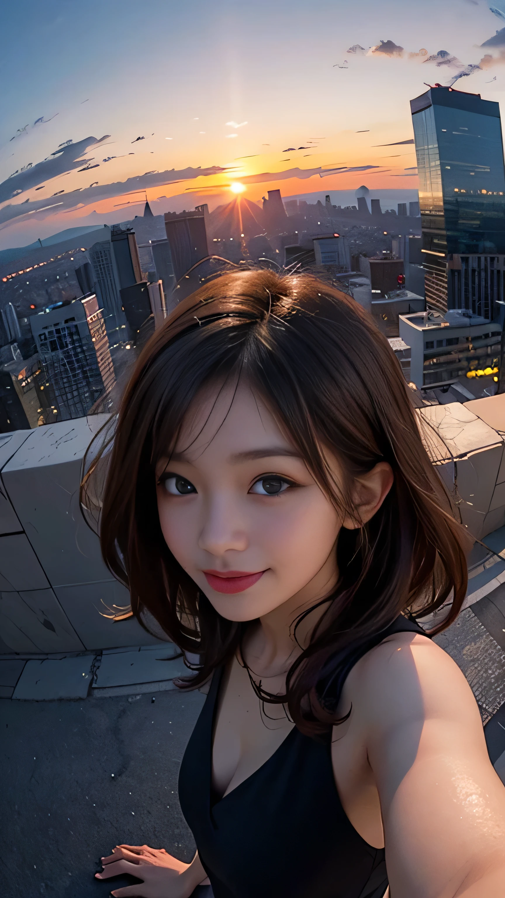 One girl, Korean, Fisheye Lens, Selfie, Wind, Messy Hair, sunset, Cityscape, (Aesthetics and atmosphere:1.2),smile