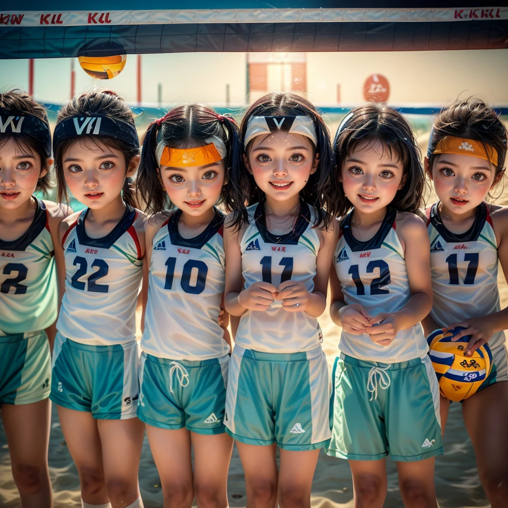 ExtremelyDetailed (((Beach Volleyball Team Kawaii Kids in a row:1.4))), Childish perfect face, Reflective Eyes, Detailed(Delicate Clothing textures), Corrected Leg to Foot Line, Corrected Perfect Hand, Dynamic Joyful Expressions LifeLike Rendering, (Specular Reflection:0.5), TopQuality 8K Ultra-detailed masterpiece (ProfessionalPhoto:1.37), (Acutance:0.8), (Luminism:1.28),