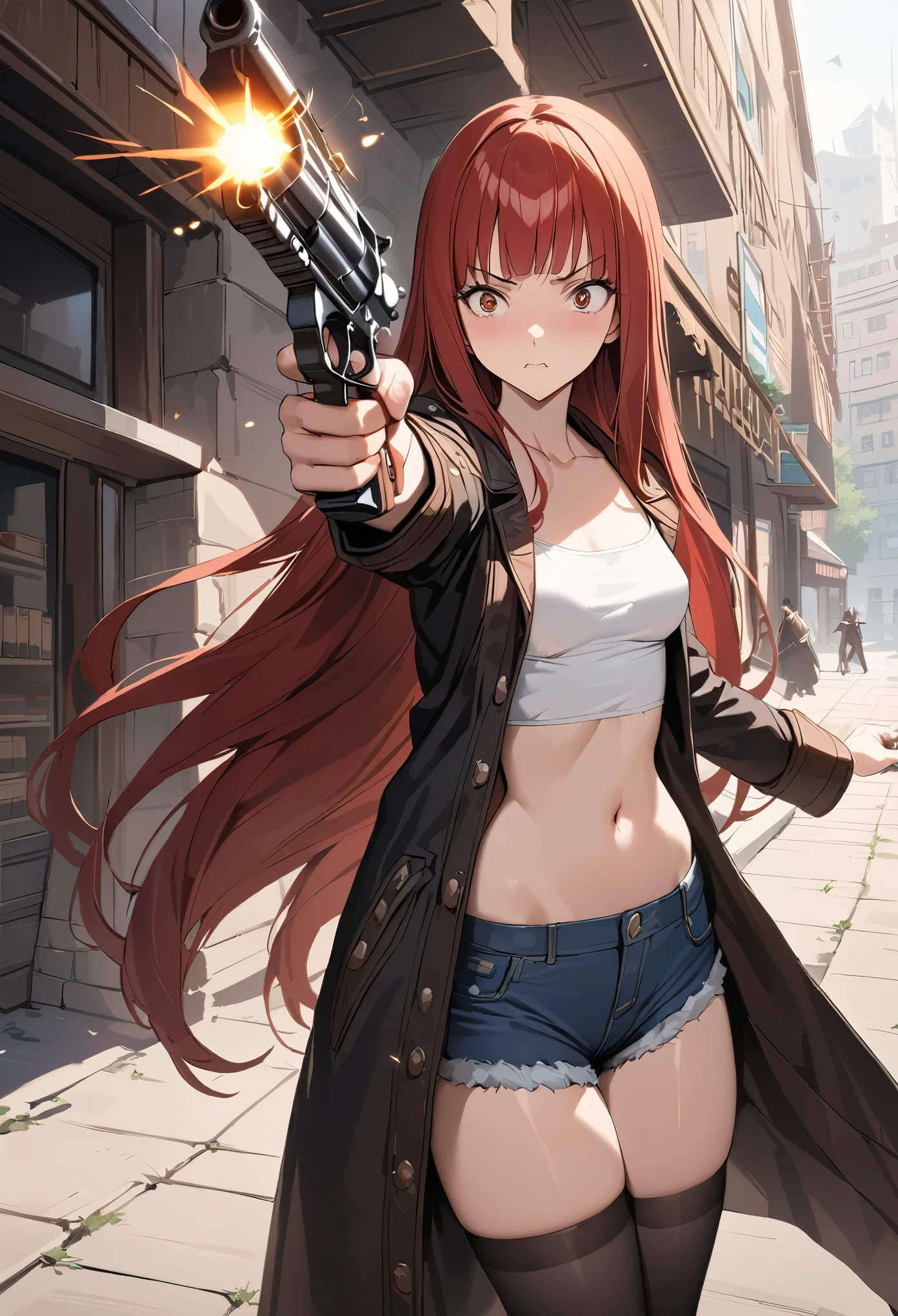 Gun action scene、Gunfight、((masterpiece,best quality anime,Highest quality:1.3)),realistic,cowboy shot,(25 year old beauty), gunslinger ,1woman,独奏,((very small head:1.4)),((very long body:1.3)),red hair,bangs,straight long hair,gorgeous big eyes,brown eyes,Angry expression、(Black long coat),Wearing a white tube top shirt under the coat,navel、(denim micro shorts、black_thighhighs),((slender body:1.3,skinny)),small breasts,(Shoot a gun:1.3,Firing stance),gleaming skin,shiny skin,Holding a gun in hand,revolver、Western cityscape、The World of Westerns、