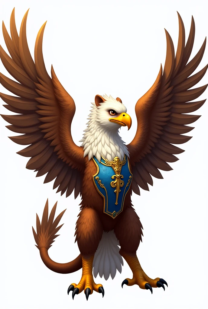 drawning, sharp colors, A griffin, medieval style, open wings, white and brown colors, blue chest armor with gold details, eagle hind legs, lion&#39;s front paws, fully body, white background, BOARD PIECE, seen from the front 