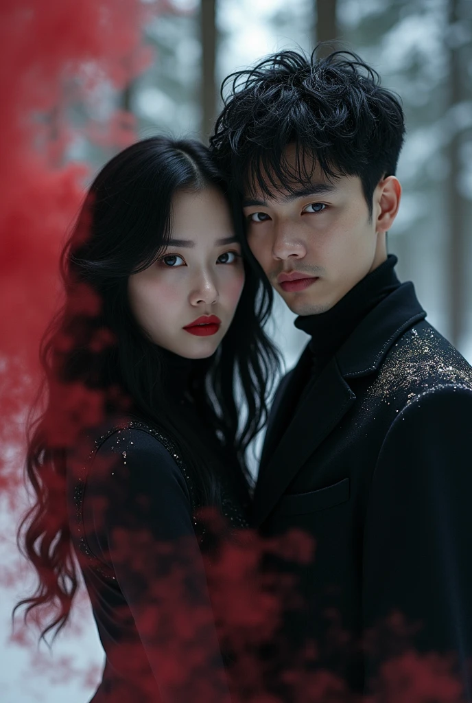 Young woman with long wavy black hair full red lips dark grey eyes wearing black high neck dress with red smoke around stands in snowy pine forest in background a young man shaved with black smoke black suit short disheveled black hair grey eyes marked jaw