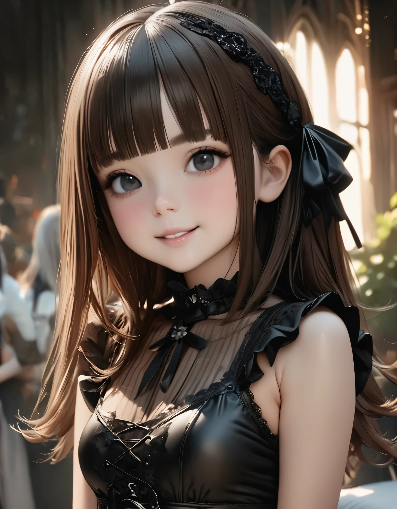 masterpiece, 8K, photorealistic, Raw photo, best quality, ultra high resolution, 1girl, solo, female of Photorealistic anime girl, (Gothic Lolita Fashion, hair ribbon, see-through camisole, breastless clothes, corset, mini skirt, frills, side tie panties, black pantyhose, high heels), (cute), (little:1.3), (very beautiful face:1.5), (Beautiful face with perfect symmetry:1.2), (cute face:1.3), (natural breasts:1.3), (wonderful smile:1.3), (high detail skin:1.5), (perfect anatomy), (Beautiful Dark brown short tiered hair, V cut with layers and bangs:1.2), (Beautiful black eyes:1.3), (Soft atmosphere characteristics), ((perfect Pause)), (Face close-up:1.3), volume lighting, soft light, bright,
