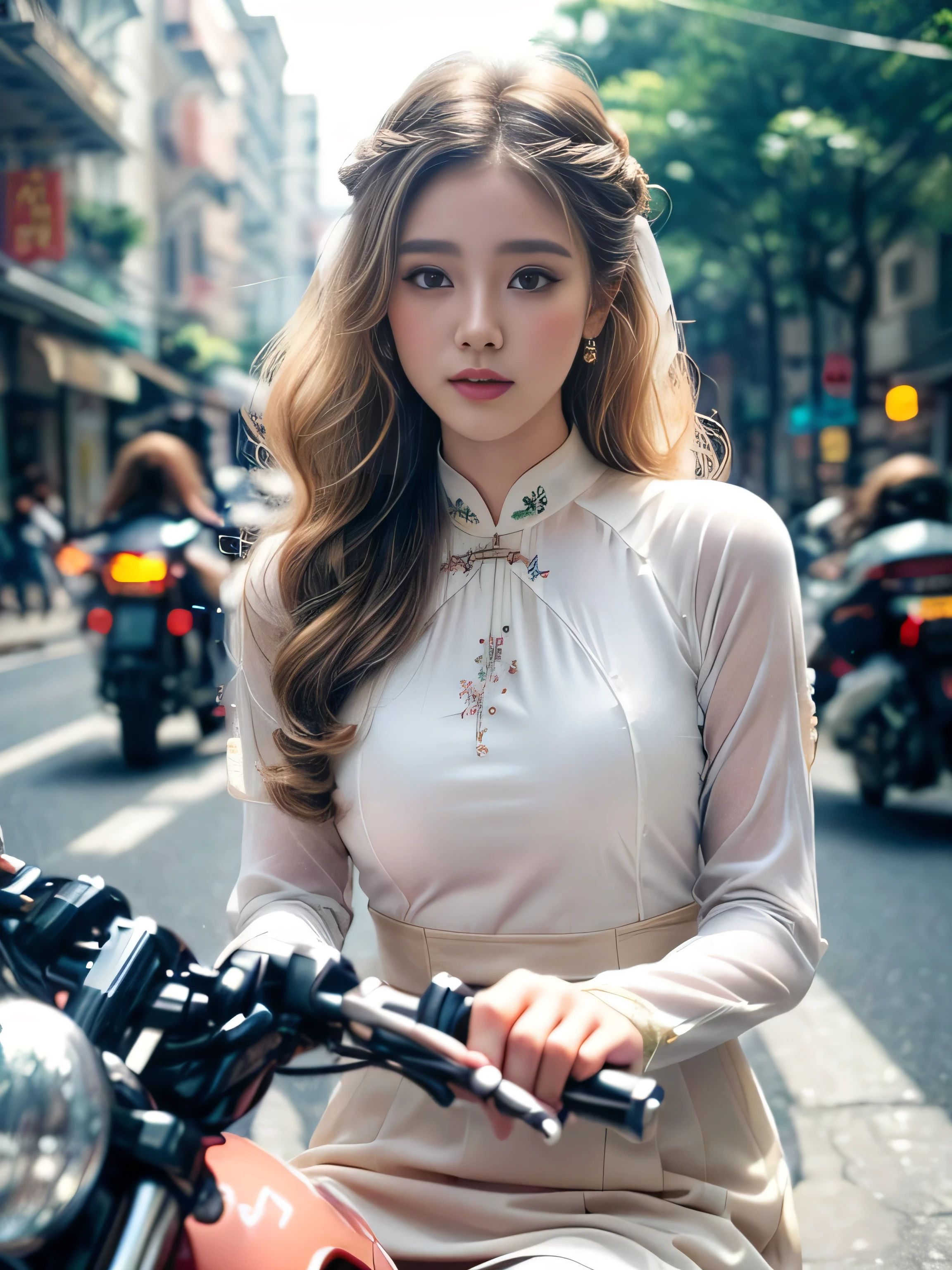 19 years old child, (wearing a pure white Vietnam Ao Dai and white trourses:1.3), (big round breast), ((updo hairstyle, Dark blonde hair, wavy hair, long hair:1.3)), (photorealistic:1.2), (ultra realistic:1.3), (very detailed:1.1), ((masterpiece)), (Hand Details:1.3), (blush:1.3), (shy:1.3), (Hochiming street:1.3), (riding on a motorcycle:1.3), depth of field, first person view.