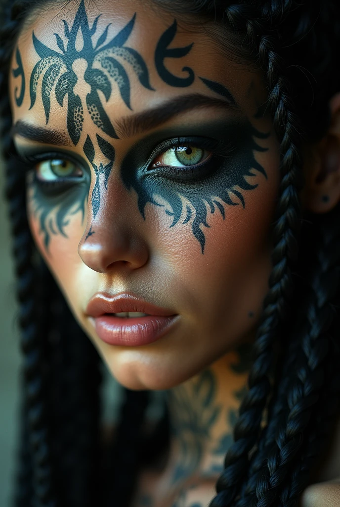 a close up of a beautiful woman with tattoos on her face, beautiful female android, tattooed face, dark elf, skin black, intricate braided hair, portrait in matte painting, glare eyes, she is dressed in shaman clothes, heavy make-up, fractalpunk, cryptopunk, (attractive young man: 1,3) , (seducer:1,1), detalhamento, a lot of femininity, enticing, dazzling, cinematic lighting, dramatic lighting, warm color tones, dramatic colors, (best qualityer, 4K, 8k, high resolution, Masterpiece artwork: 1.2), (realisitic, foto realisitic 1,37), HDR, 16:9.