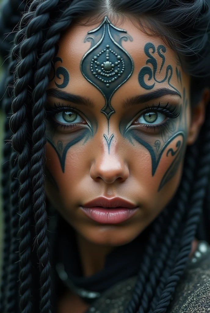 a close up of a beautiful woman with tattoos on her face, beautiful female android, tattooed face, dark elf, skin black, intricate braided hair, portrait in matte painting, glare eyes, she is dressed in shaman clothes, heavy make-up, fractalpunk, cryptopunk, (attractive young man: 1,3) , (seducer:1,1), detalhamento, a lot of femininity, enticing, dazzling, cinematic lighting, dramatic lighting, warm color tones, dramatic colors, (best qualityer, 4K, 8k, high resolution, Masterpiece artwork: 1.2), (realisitic, foto realisitic 1,37), HDR, 16:9.