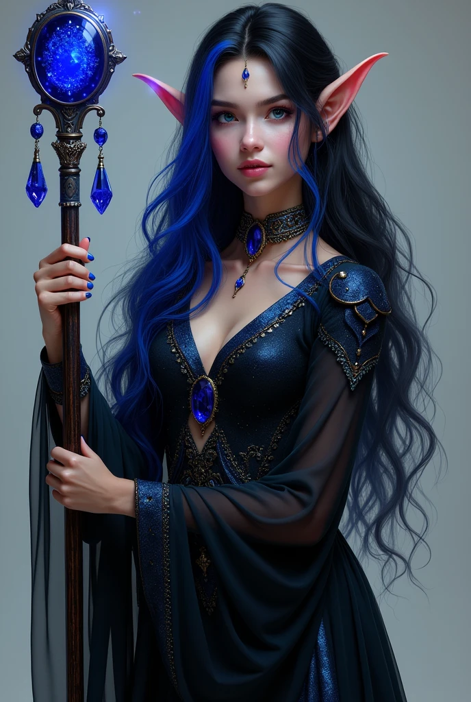Full body image for Dungeons and Dragons character with this description:
25 year old woman, Long black hair with a royal blue streak in the front, She is an elf and a magician who has a staff with a dark blue gem., Her clothes are black with iridescent blues, she looks cute