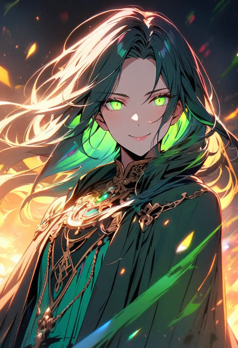 woman, green eyes, colorful hair, glowing eyes, parted bangs, cloak, smile