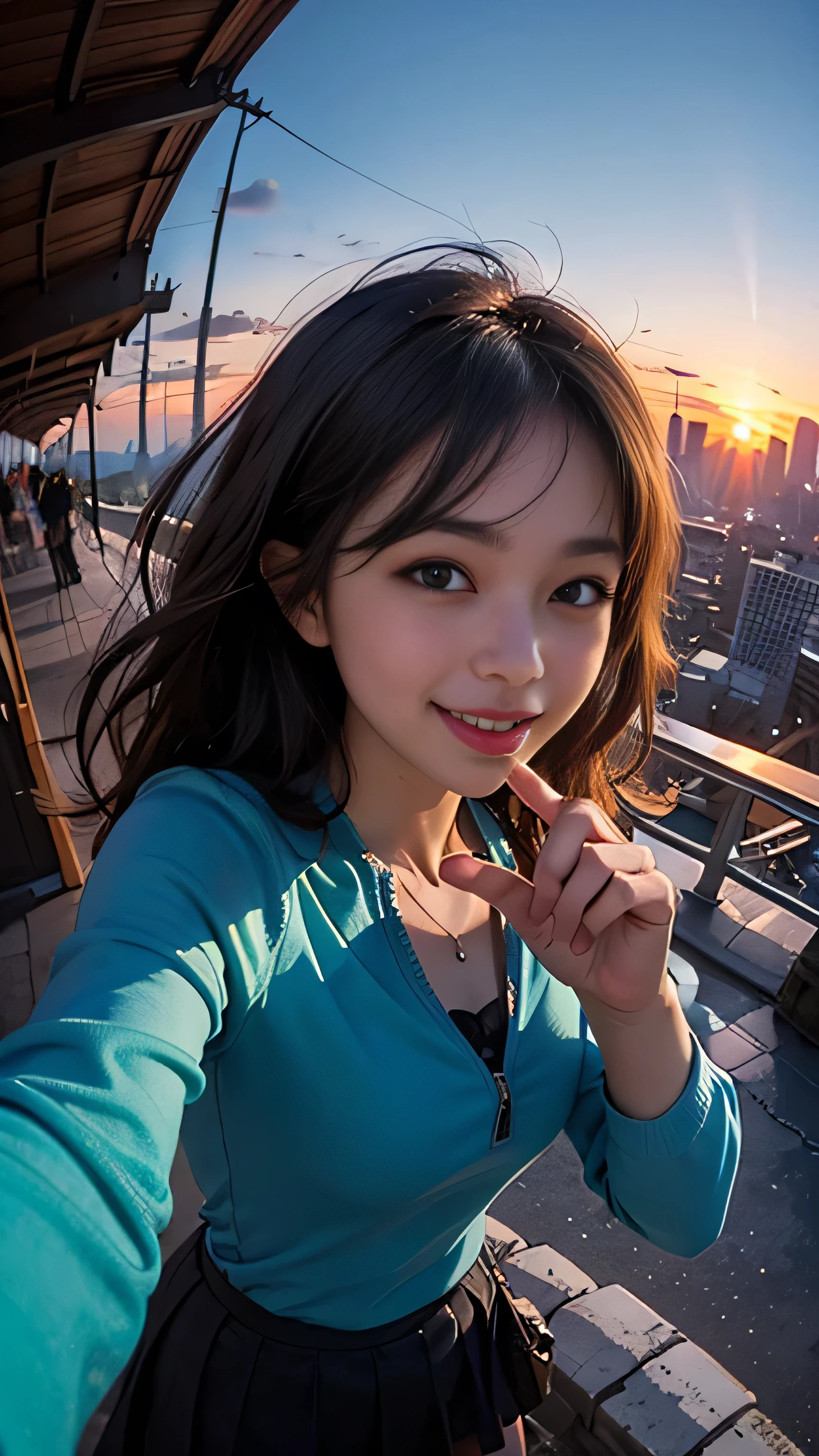One girl, Korean, Fisheye Lens, Selfie, Wind, Messy Hair, sunset, Cityscape, (Aesthetics and atmosphere:1.2),smile