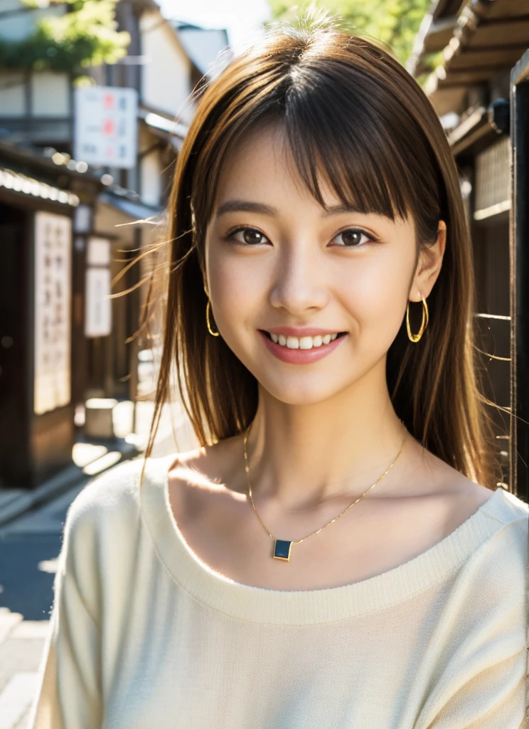 masutepiece, Best Quality, Illustration, Ultra-detailed, finely detail, hight resolution, 8K Wallpaper, Perfect dynamic composition, Beautiful detailed eyes, Medium Hair, Natural color lip, Random Poses,Smile, Kyoto Street Walk、20 years girl, Beautuful Women, V-neck sweater、a necklace、A bracelet、earrings