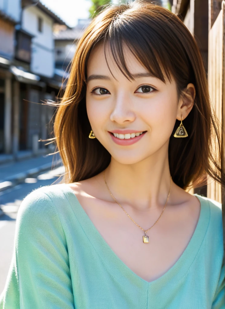 masutepiece, Best Quality, Illustration, Ultra-detailed, finely detail, hight resolution, 8K Wallpaper, Perfect dynamic composition, Beautiful detailed eyes, Medium Hair, Natural color lip, Random Poses,Smile, Kyoto Street Walk、20 years girl, Beautuful Women, V-neck sweater、a necklace、A bracelet、earrings