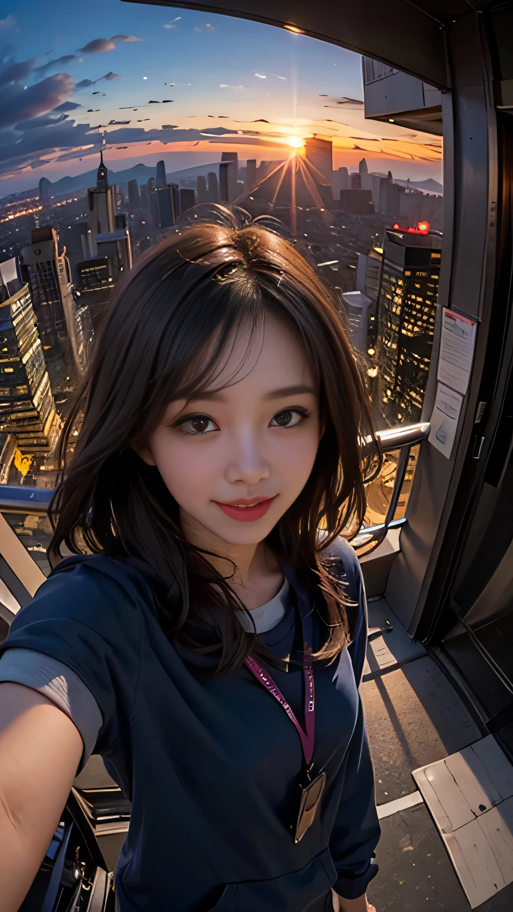 One girl, Korean, Fisheye Lens, Selfie, Wind, Messy Hair, sunset, Cityscape, (Aesthetics and atmosphere:1.2),smile