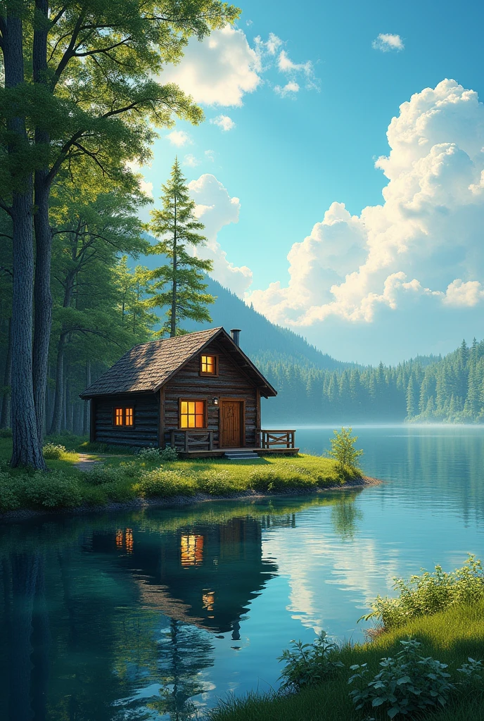 Imagine a cozy wooden cabin nestled by the edge of a tranquil lake. The sky is a vibrant blue, dotted with fluffy white clouds lazily drifting by. Surrounding the cabin, tall trees with lush green leaves sway gently in the breeze, casting dappled shadows on the ground. The sunlight filters through the branches, creating a warm, inviting glow that reflects off the clear water of the lake. The entire scene is bathed in the fresh, bright colors of nature, with the deep greens of the trees contrasting beautifully with the rich browns of the wooden cabin and the sparkling blue of the lake. The atmosphere is peaceful and serene, a perfect retreat from the hustle and bustle of daily life.
