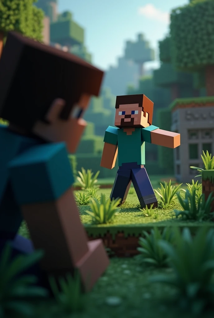 Make a Minecraft thumbnail where I'm watching someone doing something secret I'm kind of hidden