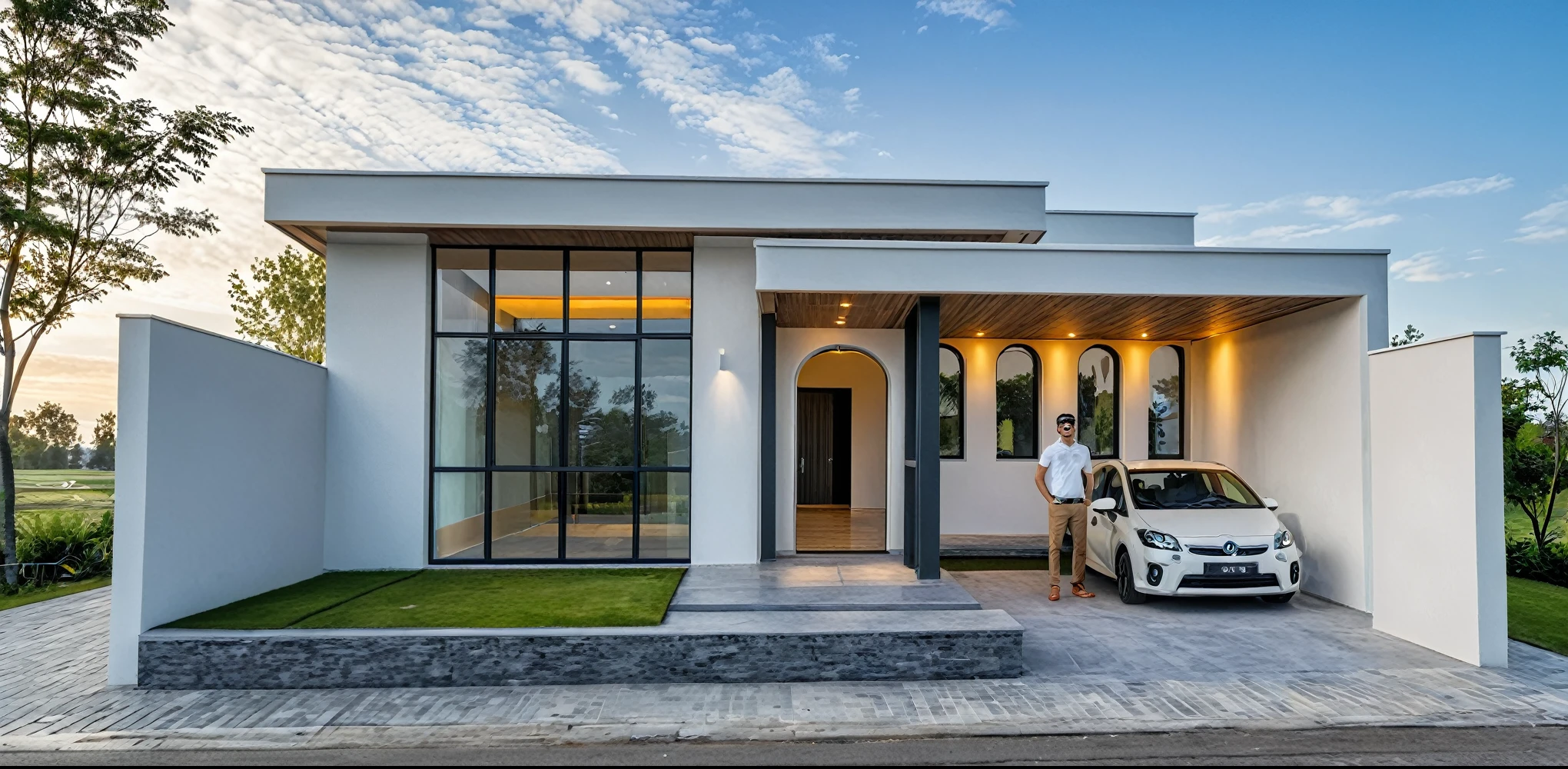 Masterpiece, high quality, best quality, authentic, super detail, outdoors, onestoreyvillaXL, aiaigroup, house style modern on the street ,stairs, white wall ,road,pavement, grass, trees, sky, cloud, (daylight:1.1)