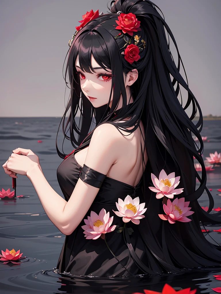 woman, red eyes, black long wavy hair, noble, wearing flower on her head. she is vampire. background in on the edge of the lotus lake. wearing flower decorations on the sides of her hair