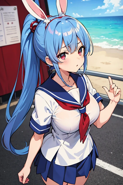 ((Highest quality)), ((masterpiece)), (detailed), Perfect Face, Perfect Arms, anime, Ultra-fine illustration, ((One girl)), blue hair blue eyes, Twin tails, Blue hair ribbon, (Sweat:1.2), (Big Breasts:1.3), ((White short-sleeved gym uniform)), brm, looking at the camera, cowboy shot, Ocean, Sandy Beach, blue sky, sun, noon, field, right, stretching,