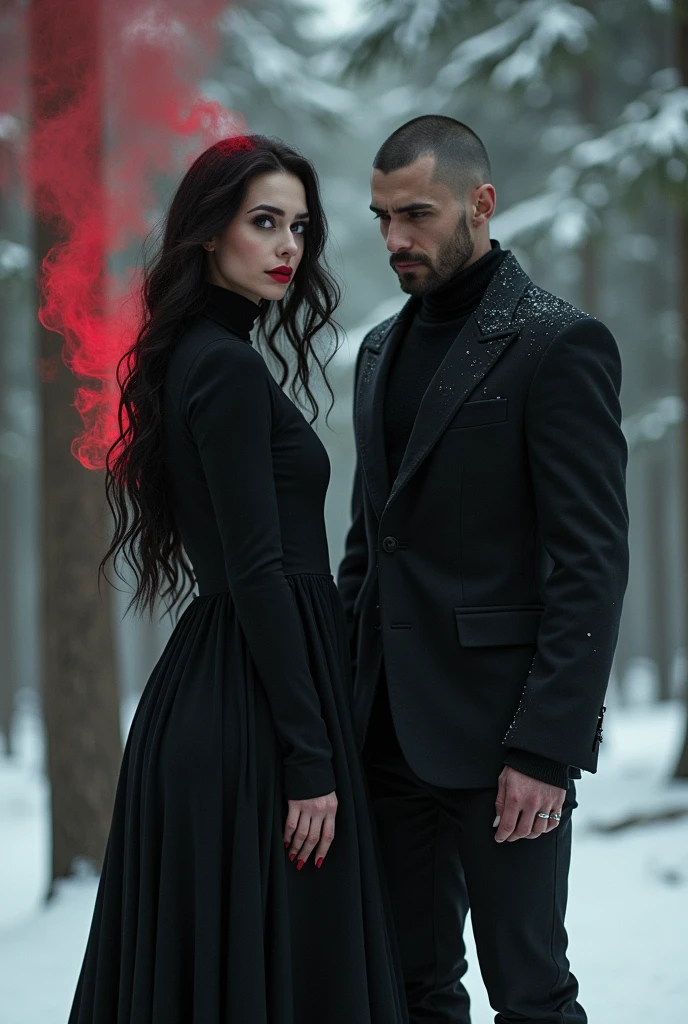 Woman with long wavy black hair, full red lips, dark grey eyes, wearing a black turtleneck dress with red smoke around, stands in a snowy pine forest in the background, a shaved man with black smoke, black suit, short disheveled black hair, grey eyes, marked jaw