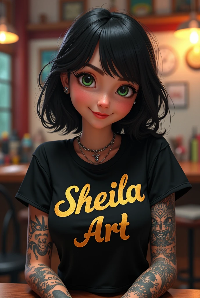 A 40-year-old Disney tattoo artist with light green eyes, short black hair at shoulder length, wearing a black shirt with the writing in gold sheila art tattoo & Body Piercings with tattoos on the body sitting in front of the tattoo studio table