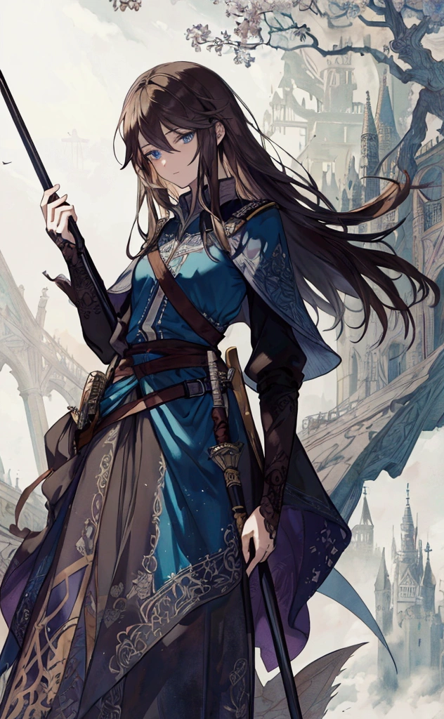 (Masterpiece), ((Highest Quality)),(Official Art),Dark cynicism:1.2),(1 Male: 1.3), A beautiful flagbearer prince with long, dark brown hair, and sharp blue eyes, clad in dark military uniform. His hair is long and straight. He carries a flag and a rapier. The banners of rebellion fly in the background. Detailed drawing. Detailed eyes. Soft fairy tale picture book Arthur Rackham. Colorful, best detailed ((super detailed)), (highly detailed 2D anime illustration), ((dark and beautiful)) --auto --s2