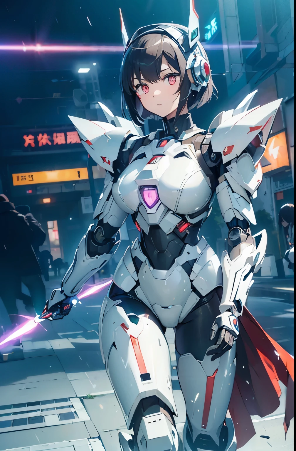 Machine eyes glowing red、Expressionless