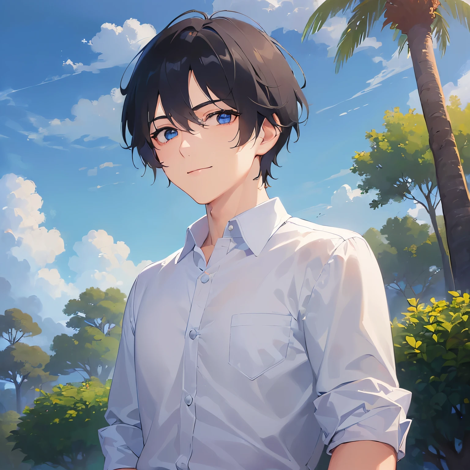 (looking away:1.5),upper body,Shooting from below、cheek rest,
shiny skin, masterpiece、Highest quality、
(25-year-old male:1.5) and (Black short hair) and (blue eyes),
Brown collared shirt、
smile,park、grass