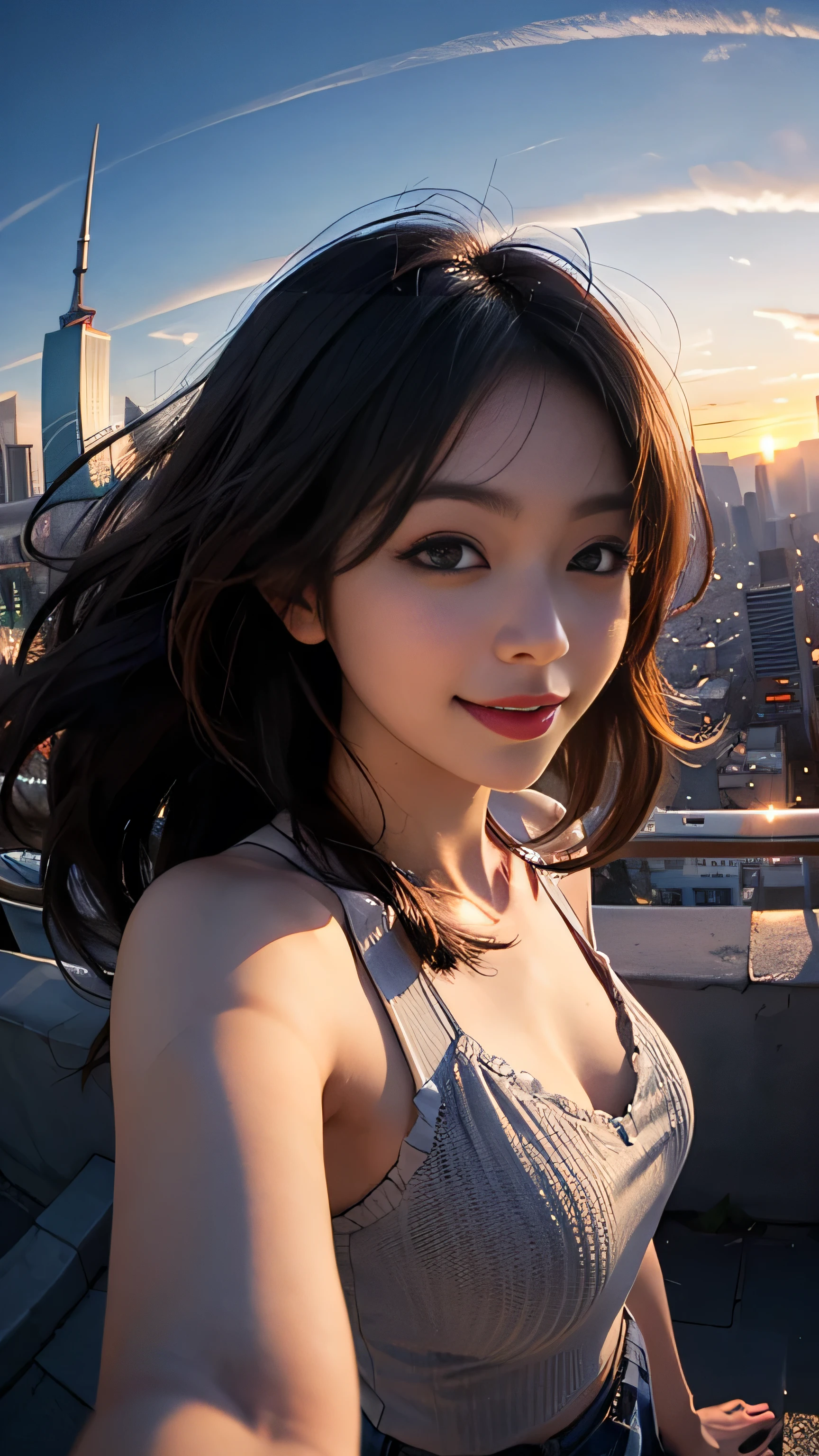 One girl, Korean, Fisheye Lens, Selfie, Wind, Messy Hair, sunset, Cityscape, (Aesthetics and atmosphere:1.2),smile