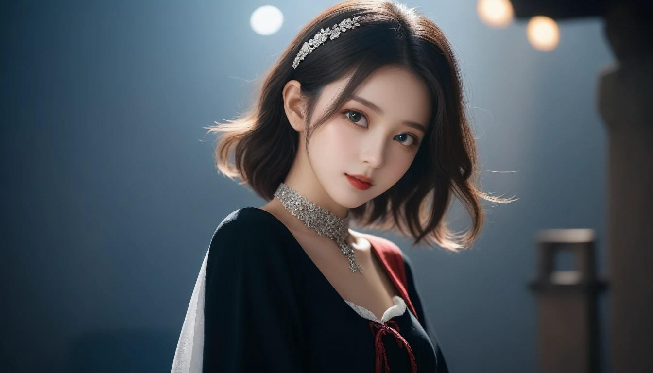 8k, Ultra-high resolution, Highest quality, masterpiece, 三分割法によるphotograph,Surreal, photograph, 1 Girl, (16 years old:1.3), pretty girl, Cute Face, 細部までBeautiful Eyes, 細かくdetailedに,masterpiece,One Girl:1.2,Japanese female announcer,cowboy shot,smile,Brown hair,Medium hair,Loose curly hair,((vampire:1.4)),Double teeth, Natural skin texture、(Luxurious dress clothing from Medieval Europe:1.4)、(Colorful costumes:1.4)、Attractive girl、16 years old、(Perfect female body:1.4)、(女の子のポートレートphotograph:1.4)、(Photorealistic images:1.4),Medieval streetscape,(Beautiful Face:1.4),Beautiful and attractive eyes、Beautiful Eyes、(Tight waist:1.4)、(Beautiful girl with perfect body proportions:1.4),Red lips,(choker:1.4),Open your mouth a little and laugh,Looking at the audience,(((Ideal body type))),A-cup small breasts :2,、Portraiture:2、Perfect Anatomy、鮮明なdetailed、detailed,Fashion magazine cover,Thin lips,Gray background ,完璧でBeautiful Face ,完璧でCute Face, Skin with attention to detail, Perfect limbs、Narrow waist,Looking at the audience,(((Ideal body type))),A cup small breasts :2,Portraiture:2,Perfect Anatomy,鮮明なdetailed,detailed,Surreal,Light and shadow,moonlight