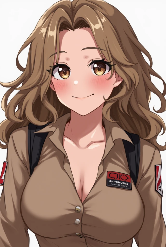 cleavage, makeup, wavy hair, 1girl, light brown hair, brown eyes, curvy, looking at viewer, ghostbusters uniform
