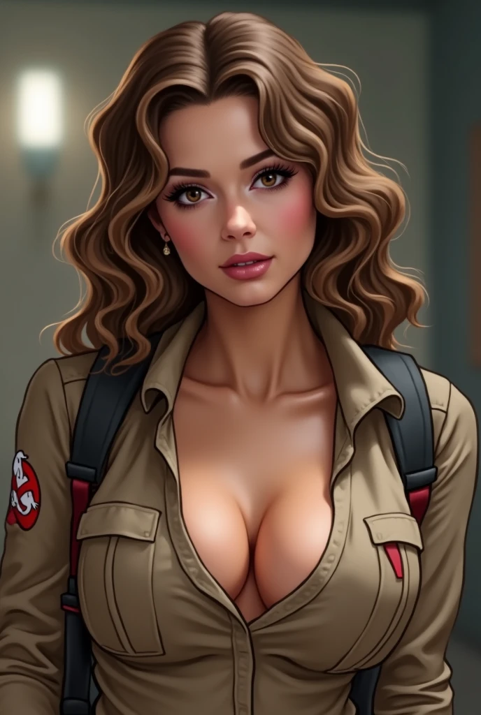 cleavage, makeup, wavy hair, 1girl, light brown hair, brown eyes, curvy, looking at viewer, ghostbusters uniform
