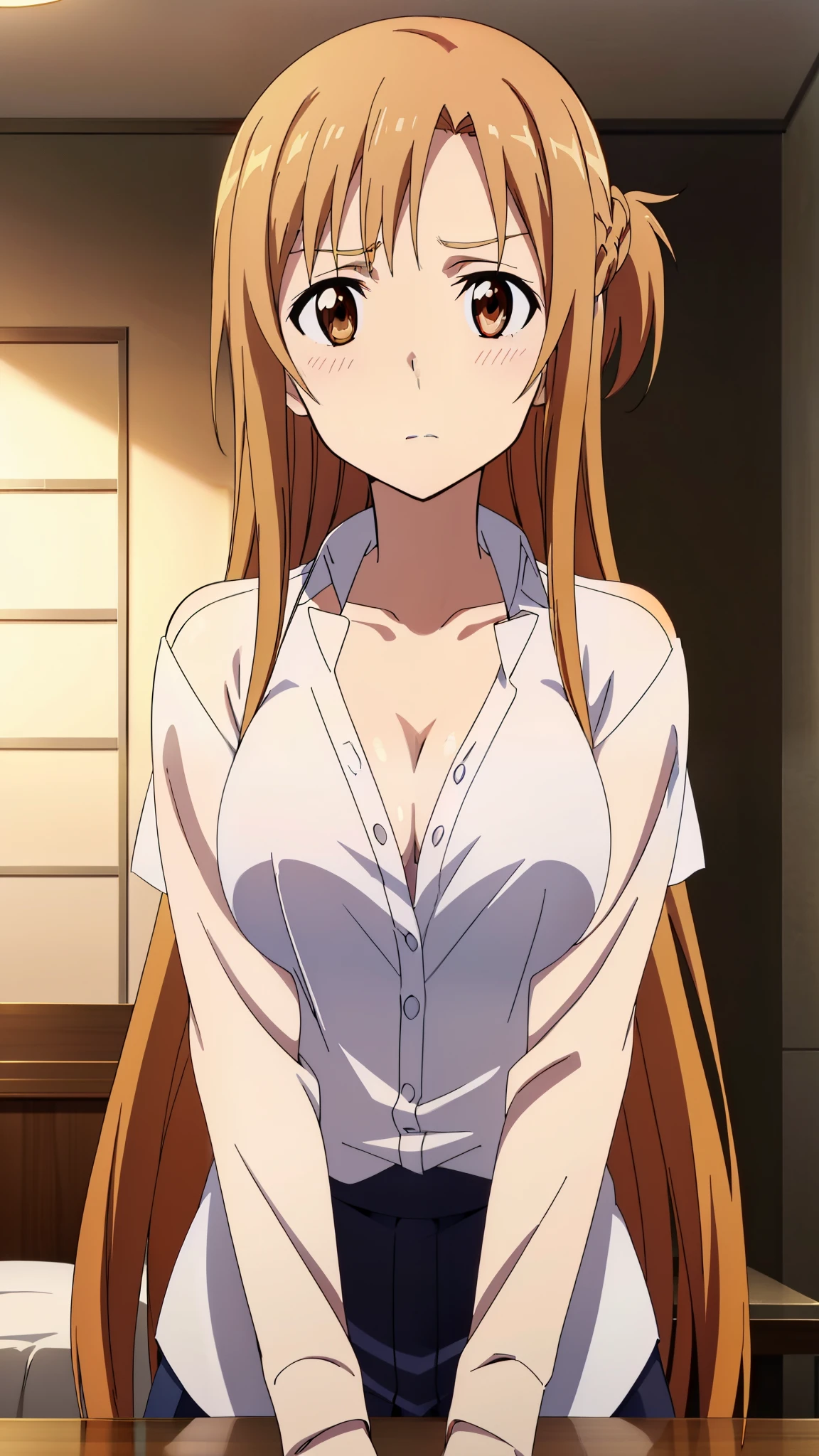 (Best Quality, masutepiece, High resolution, anime screen cap, anime colours, anime official art, Anime a poster), (Long straight light brown hair:1.5), Yuuki Asuna, Embarrassed look:1.3, blush, (huge drooping breasts:2.0, cleavage), ( oversized white shirt:1.5, Thin fabric,no-bra:1.5), (Leaning forward:2.0, Down shirt), Wide open chest, Slimed, Lower your arms, Upper body, Close-up on the chest, Front composition:1.5, Bedrooms, (Perfect Anatomy, perfect detailed body, Eyes and hair in beautiful detail, Beautiful breasts and skin),