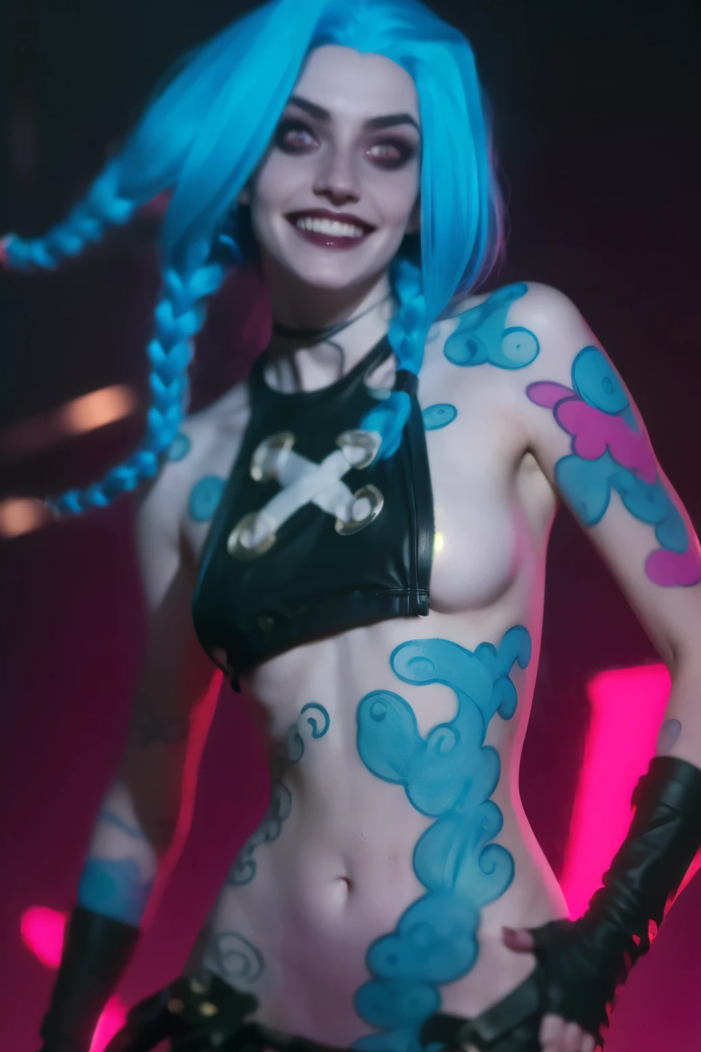 Hyper realistic super detailed Jinx cosplay ,(( ***** girl, ************)) , Very detailed, (hyper realistic: 1.4), ((in dynamic fight pose)) , ((angry face)) , twin braids, long hair, blue hair, red eyes, (((blue tattoo on arm))) , ((skinny body)) , (((psycho face, creppy smiling) )), arcane style. ((Grunge Neon grafitti background, cinematic lighting)).